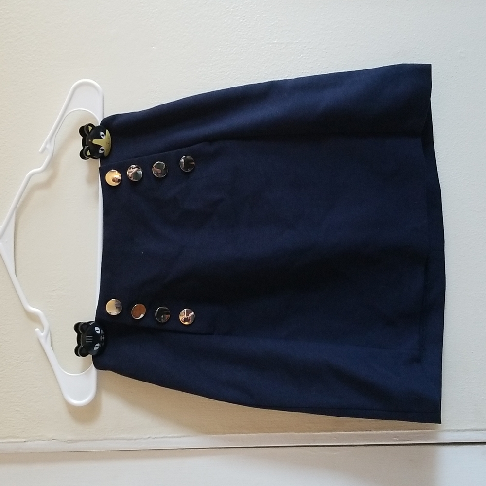 Navy Gold Button Pleated Skirt